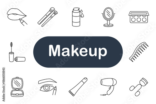 Makeup set icon. Lipstick, brush, mascara, mirror, palette, lotion, comb, powder, eyeliner, cream, hairdryer, roller, eye, cosmetic, face, beauty, skincare, hygiene, salon, style