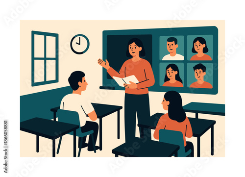 Hybrid Classroom Interface. Hybrid teaching. A teacher stands in a real room while half the students appear as floating screens beside desks, bridging physical