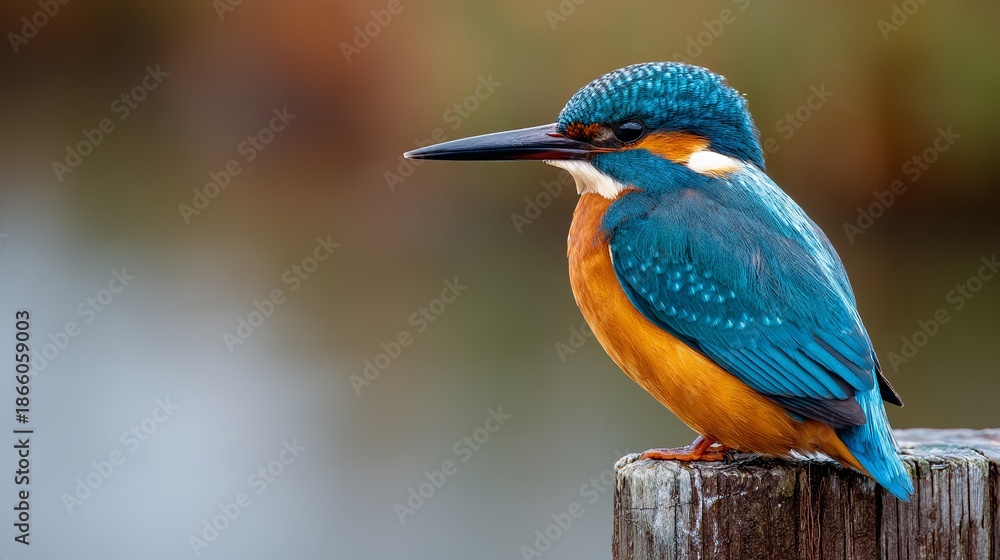 Obraz premium Vibrant Kingfisher Bird Perched on Wooden Post in Nature