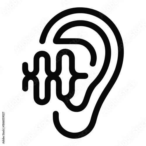 Minimalist line art icon representing hearing sound waves entering human ear for concept of audio reception