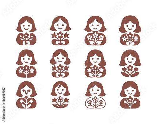 Flower Girl Icons. Flower Girl. Icon set. Set Logo of Flower Girl: smiling child holding flowers. harmonious logo variations of the same emblematic concept,