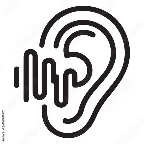 Stylized black vector illustration of human ear merged with flowing organic sound wave representing deep immersive auditory experience and sound integration abstract concept
