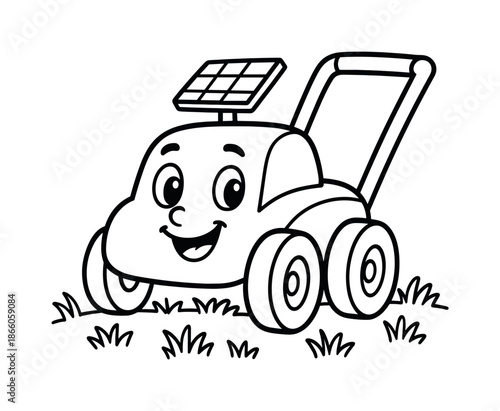 Solar Mower Coloring. Solar lawn mower children?s coloring book illustration, outlined drawing, a cheerful mower with a tiny solar panel on top rolling over