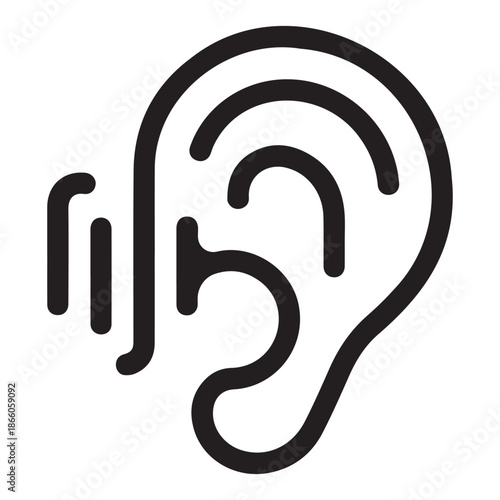 Clean vector illustration of human ear icon with curved radio waves indicating sound reception on plain light grey background design