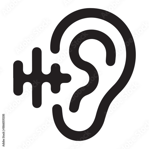 Bold line icon depicting ear with geometric audio pulse signal entering inner structure symbolizing sound testing hearing diagnostic equipment or precise acoustic input