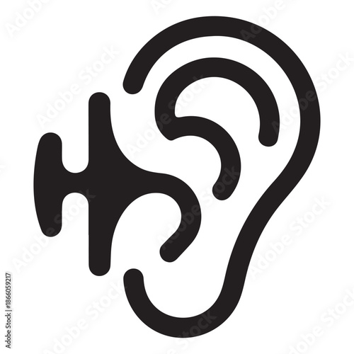 Stylized black vector illustration of human ear merged with flowing organic sound wave representing deep immersive auditory experience and sound integration abstract concept