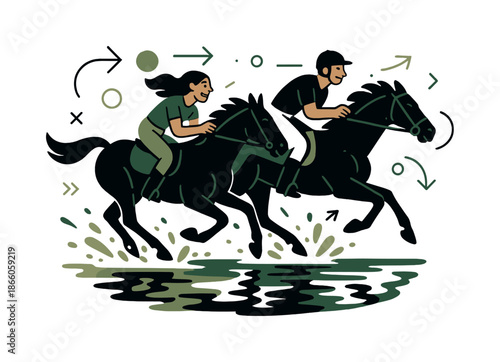 Beach Gallop Dynamic. Beach gallop. A pair of riders gallop along a wet shoreline, splashes flying, with reflections rippling beneath their hooves. Pure