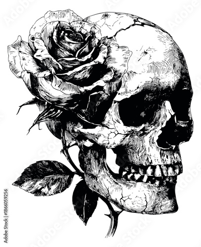 Vintage hand drawn illustration of a human skull and rose depicting romantic gothic symbolism for tattoo design