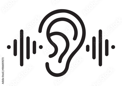 Minimalist line art icon representing hearing sound waves entering human ear for concept of audio reception
