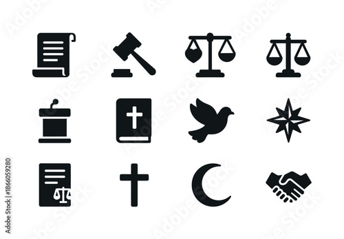 Moral Policy Icons. Moral policy icons. Solid icon set of moral policy icons: scroll, gavel, heart scale, balance icon, podium, faith book, dove, compass rose,