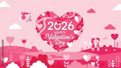 Happy Valentine's Day 2026 Fantasy Pink Landscape with Cupid, Couples, and Giant Heart