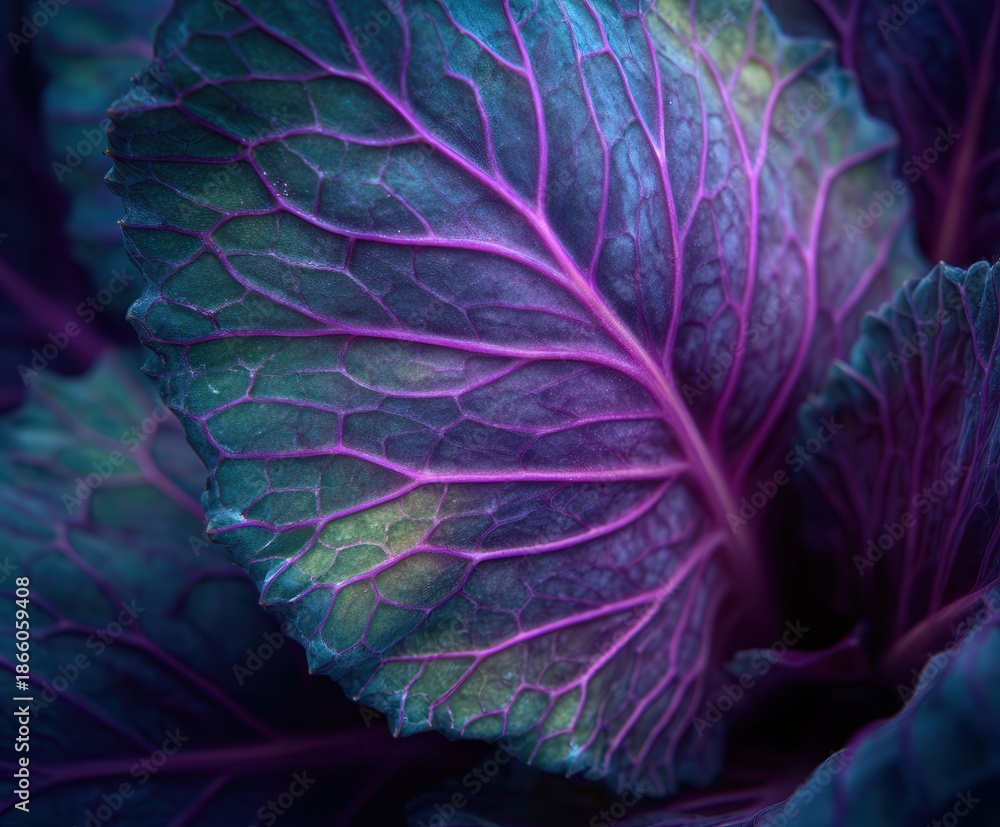 Obraz premium ornamental cabbage leaf texture, visible veins and color gradients