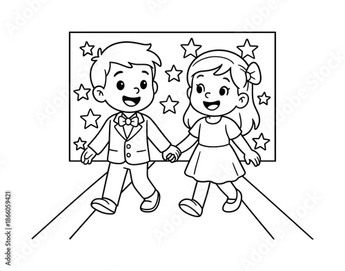 Red Carpet Coloring. Red carpet moment children?s coloring book illustration, outlined drawing, two friendly characters walking a simple carpet toward a