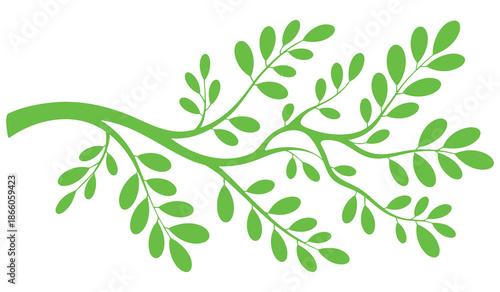 Green leaf branch silhouette illustration with neon bright lime color design element isolated on white background for nature project
