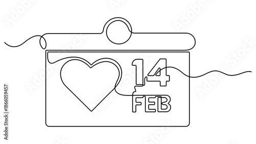 14 February continuous line drawing. St. Valentine Day linear symbol. Calendar with a heart. Celebration date. One line art of calendar. Vector illustration isolated on white. Editable outline