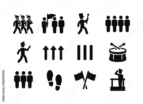 Parade Icon Set. Parade formations. Solid icon set of Parade formations: marching soldiers, flag formation, baton leader, dress line, cadence step, formation