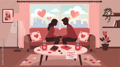 Silhouette Couple Holding Hands in Living Room with Romantic Valentine's Day Coffee and Chocolates