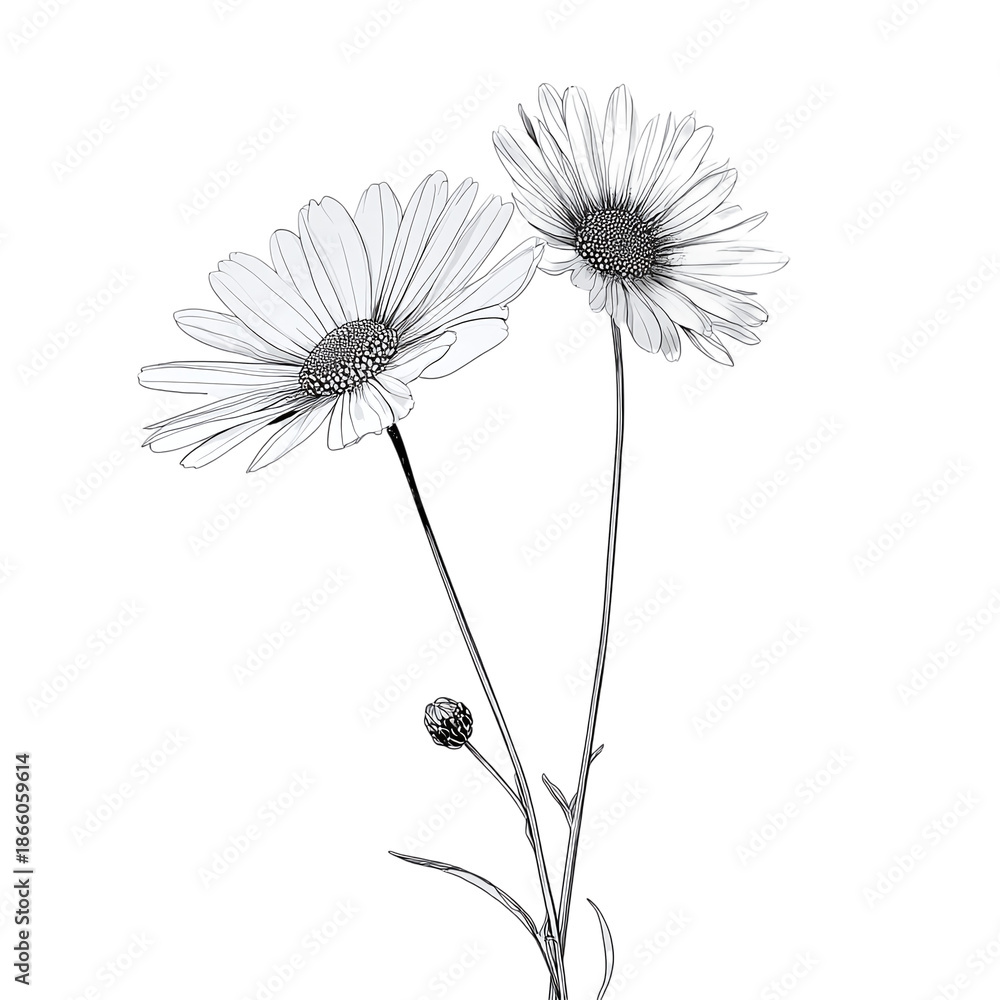 custom made wallpaper toronto digitalElegant monochrome botanical illustration capturing the delicate beauty of blooming daisy flowers with a budding blossom