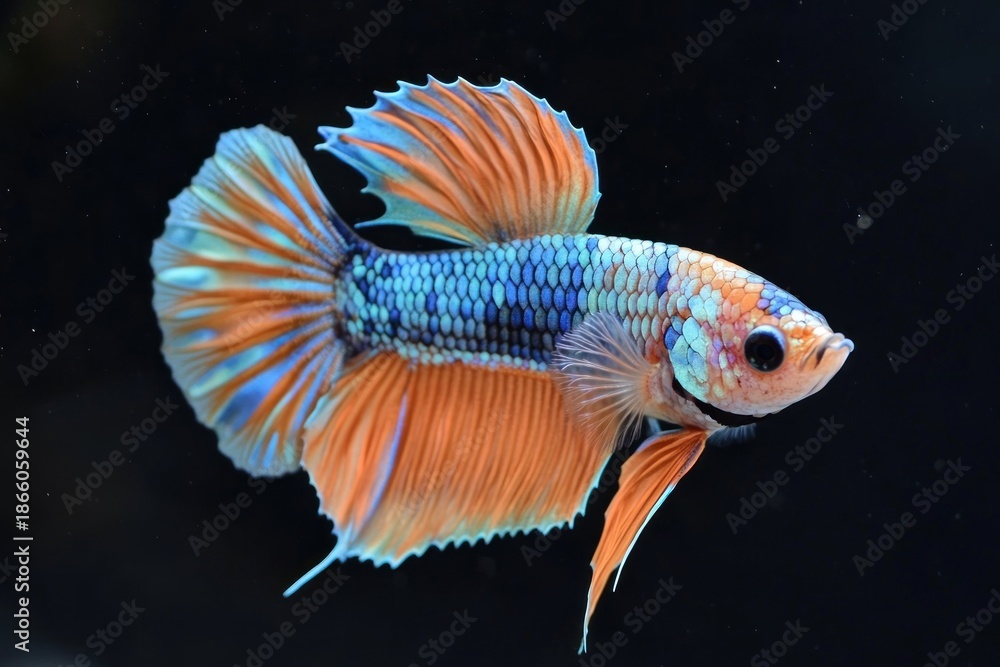 custom made wallpaper toronto digitalVibrant Betta fish (Siamese fighting fish) with stunning blue and orange fins gracefully swimming against a dark background in an aquarium.