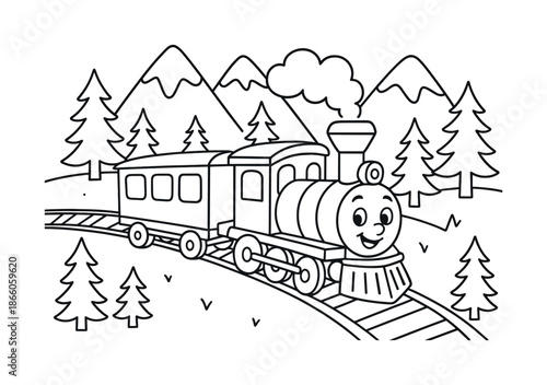 Mountain Train Coloring Scene. Mountain train route children?s coloring book illustration, outlined drawing, a cartoon train curving along snowy peaks and