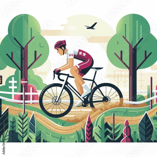 Cyclist races outdoors on black bike geometric trees  foliage frame the action under a pale sky