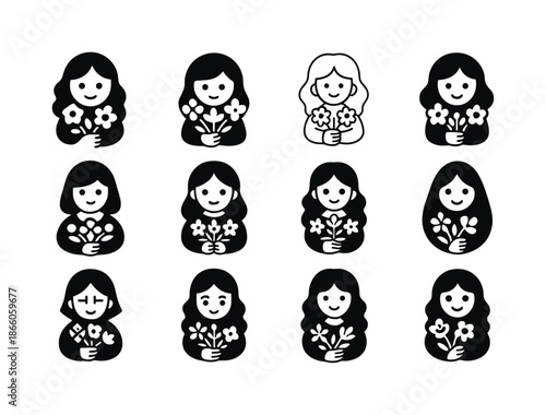 Flower Girl Icons. Flower Girl. Icon set. Set Logo of Flower Girl: smiling child holding flowers. harmonious logo variations of the same emblematic concept,