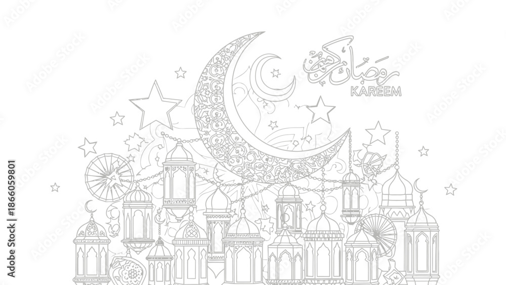 Fototapeta premium Delicate white line art illustration depicts a crescent moon stars lanterns and clouds in an intricate design perfect for ramadan eid or other festive occasions