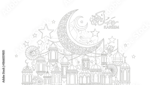 Delicate white line art illustration depicts a crescent moon stars lanterns and clouds in an intricate design perfect for ramadan eid or other festive occasions