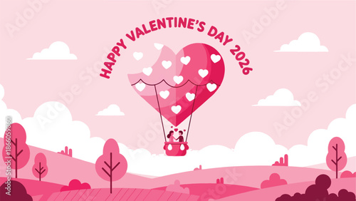 Happy Valentine's Day 2026 Background with a Couple in a Heart Shaped Hot Air Balloon Floating Over a Pink Landscape of Hills and Trees