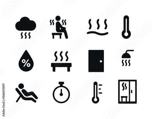 Steam Shower Icons. Steam shower. Solid icon set of steam shower: steam cloud, sauna icon, steam waves, temperature control, humidity icon, shower bench,