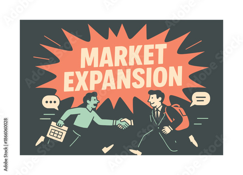 Dynamic Market Expansion. Market expansion banner, flat vector illustration, bold oversized text inside splash explosion, cartoon characters running and