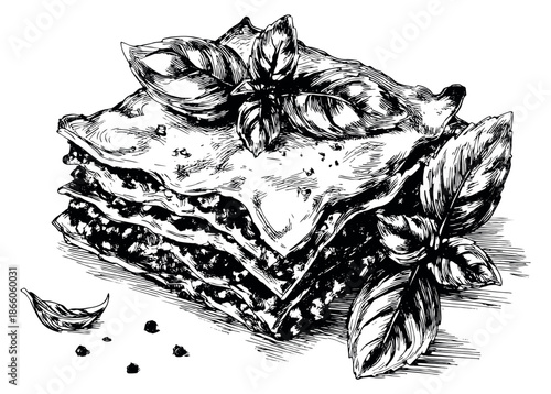 Hand drawn line art illustration of lasagna depicting a delicious Italian meal garnished with fresh basil for menu design