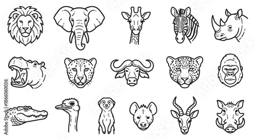Line icons set of African safari wildlife animal portraits featuring lion, elephant, giraffe, zebra, rhino, hippo, leopard, buffalo, gorilla, crocodile, ostrich, meerkat and more