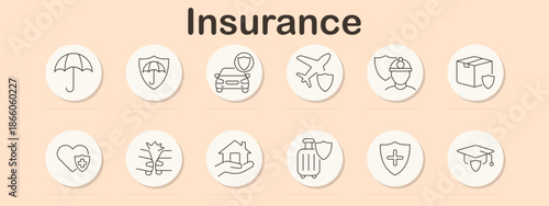Insurance set icon. Umbrella, shield, car, airplane, firefighter, box, heart, damage, house, suitcase, cross, graduation cap.