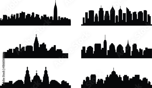 City skyline silhouette set with modern skyscrapers and iconic landmarks, black vector cityscape collection isolated on white for travel, business branding, posters, websites, apps
