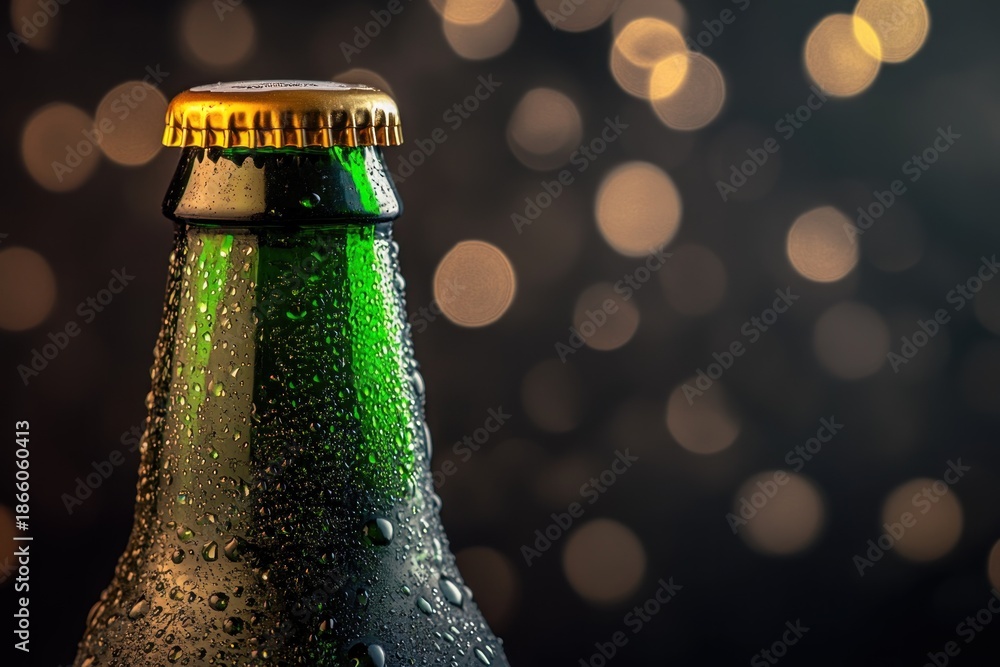 custom made wallpaper toronto digitalClose-up of a Cold Green Beer Bottle with Condensation, Golden Cap, and Bokeh Background