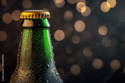 Wallpaper Mural Close-up of a Cold Green Beer Bottle with Condensation, Golden Cap, and Bokeh Background Torontodigital.ca