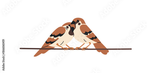Sparrow couple sitting on electric cable, wire. Little small European birds perched together on power line. Cute romantic urban songbirds. Flat vector illustration isolated on white background