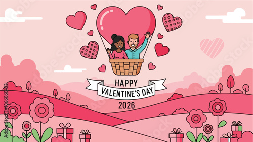 Happy Valentine's Day 2026 Hot Air Balloon Ride for Couple over Romantic Flower Landscape