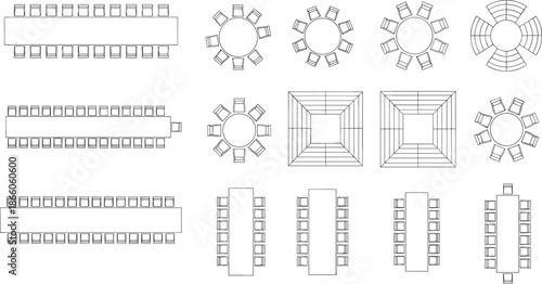 Conference table seating layout set, top view furniture arrangement diagrams, meeting room plans, office boardroom configurations, minimalist black and white architectural vector illustration