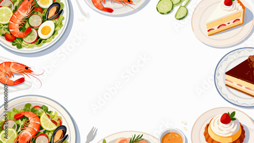 Illustration of seafood and desserts on plates