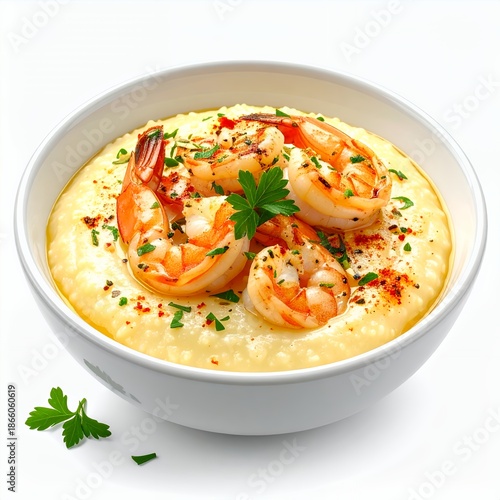Delicious shrimp and grits dish plated in a bowl on pristine white background