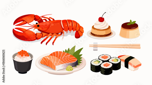 Assorted seafood and desserts illustration