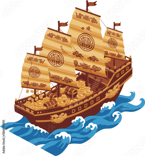 a traditional Chinese Wealth Ship sailing on stylized blue waves. Featuring intricate gold patterns and auspicious symbolism, this high-end graphic represents shared prosperity 