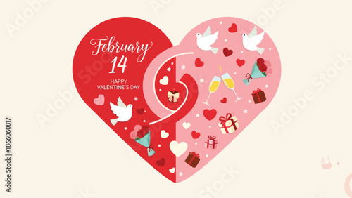 Creative Heart Design for February 14th Valentine's Day Featuring Doves, Champagne Glasses, Gifts, Roses, and Hearts in Red and Pink