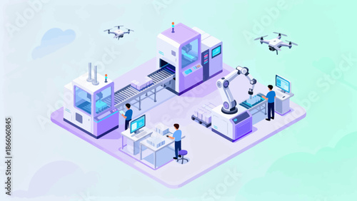 Automated factory with workers and drones