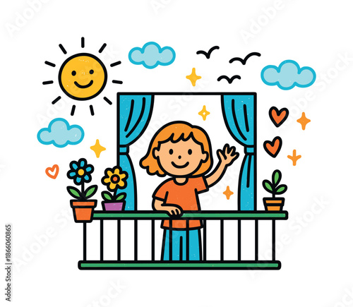 Cheerful Balcony Scene. Waving from a Balcony. Colorful Hand-drawn doodle Children illustration balcony railing, waving hand, flower pots, sun, clouds, birds,