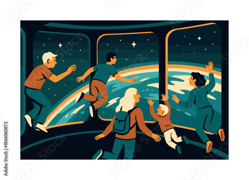 Orbital Sightseeing Tour. Orbital sightseeing. Tourists float weightless near panoramic windows, watching Earth?s curve shimmer in blues and golds. Wonder in