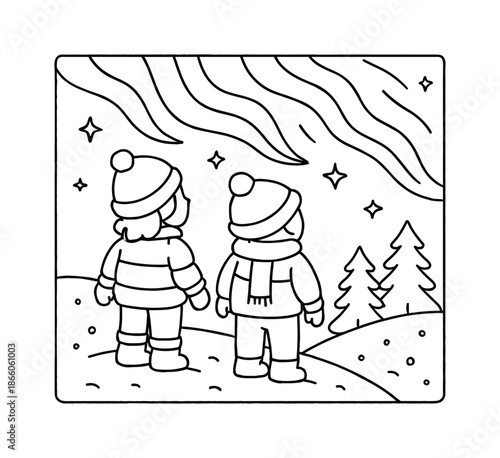 Aurora Hill Coloring Scene. Snowy hillside watchers children?s coloring book illustration, outlined drawing, a pair of bundled-up figures standing on a hill
