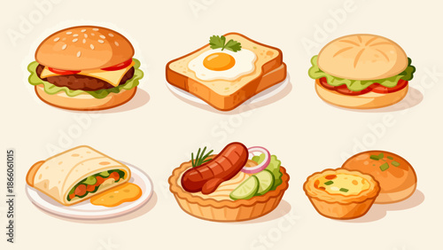 Six cartoon food items on white background